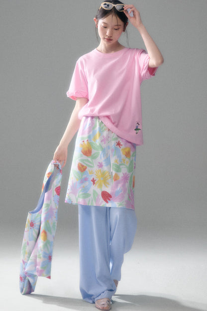 Hand-Painted Bird And Flower Print Skirt