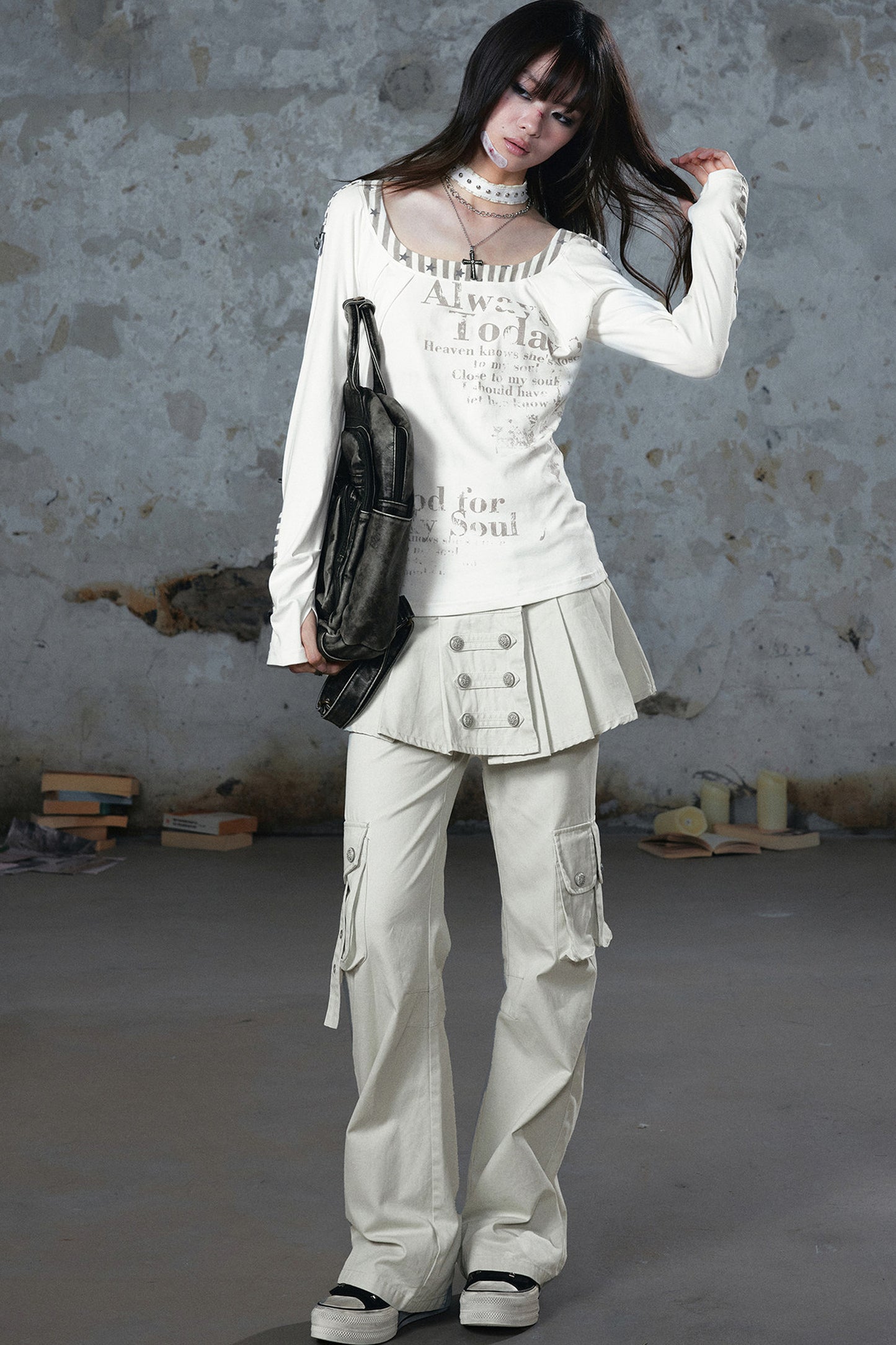 Pleated Skirt Panel Straight-Leg Flared Workwear Pants