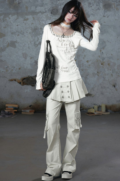 Pleated Skirt Panel Straight-Leg Flared Workwear Pants