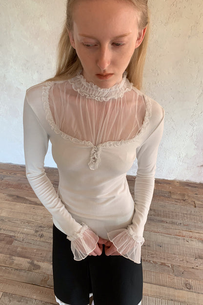Mesh Ruffle Sleeve Knit Top
