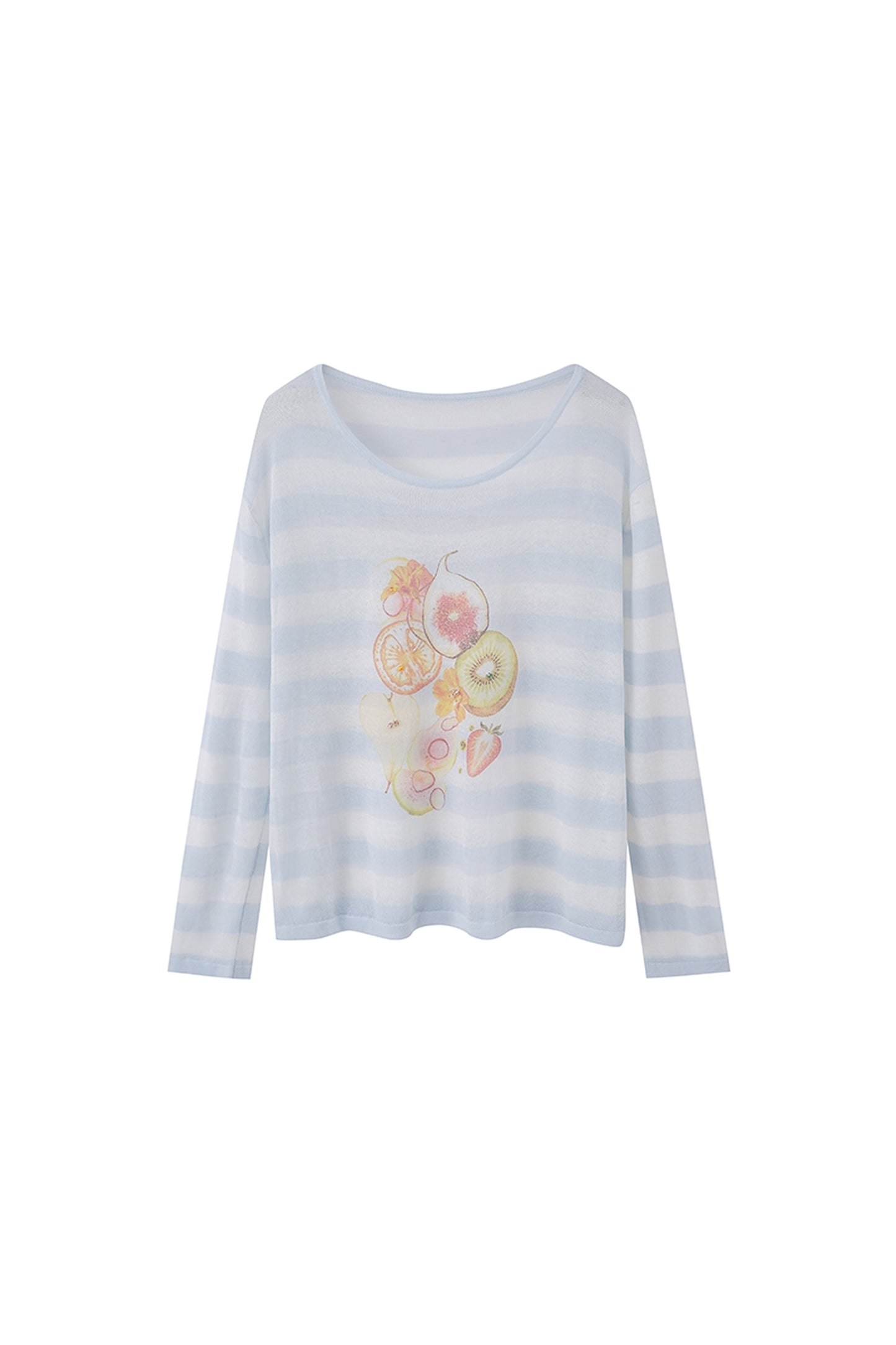 Gestreifte Bluse mit Fruchtprint und asymmetrischer Schulter