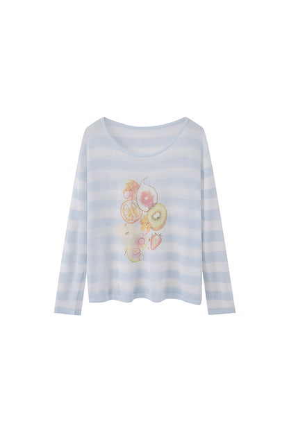 Gestreifte Bluse mit Fruchtprint und asymmetrischer Schulter