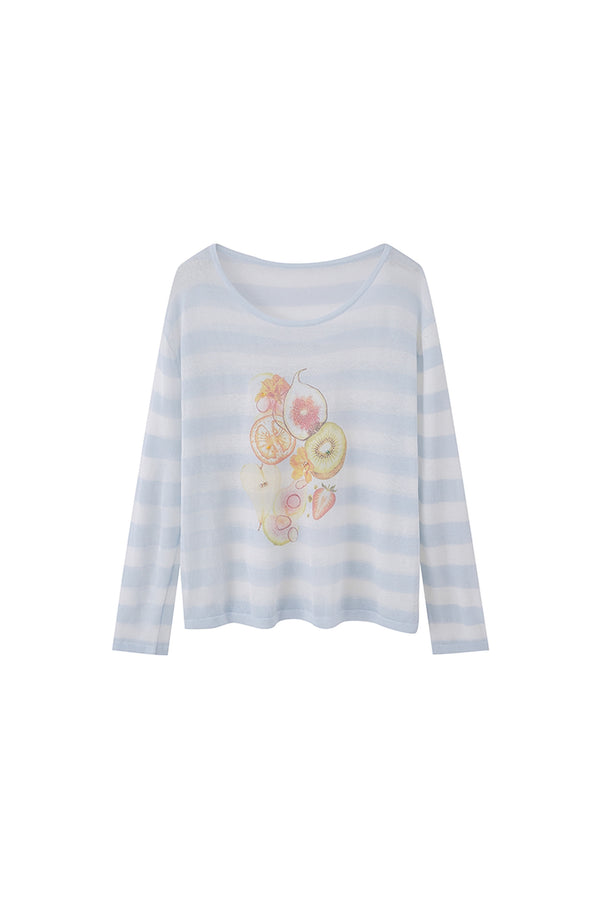 Fruit Print Striped Asymmetrical Shoulder Blouse