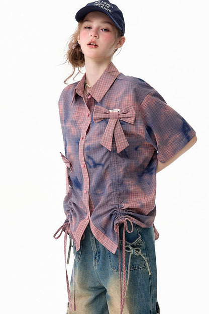Chemise à manches courtes à carreaux roses avec nœud et cordon de serrage