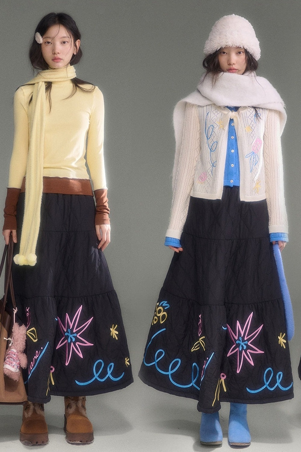Floral Embroidered Quilted A-Line Tiered Skirt