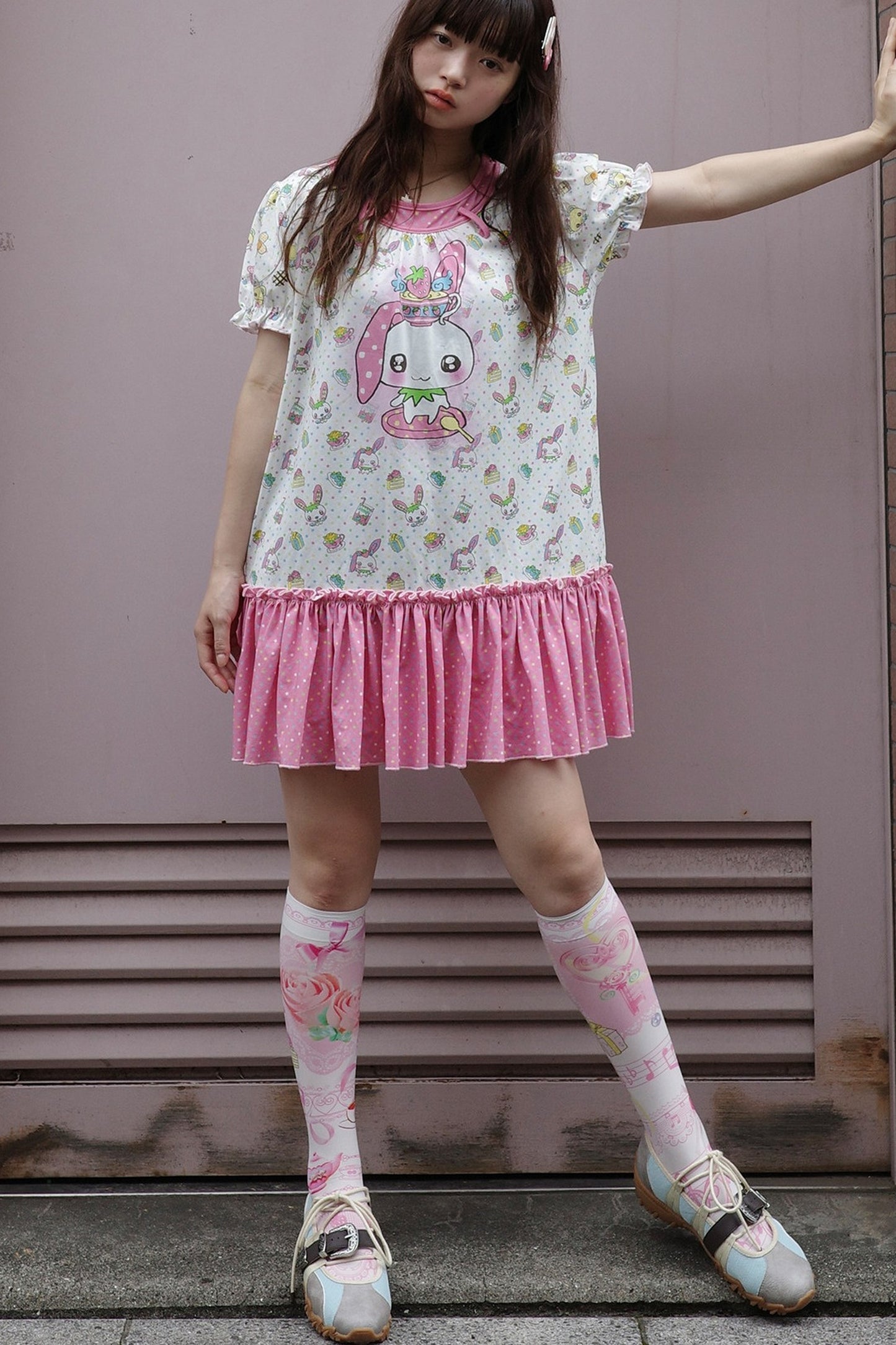 Bear And Rabbit Print Layered-Look Dress