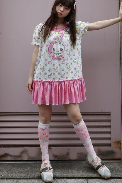 Bear And Rabbit Print Layered-Look Dress