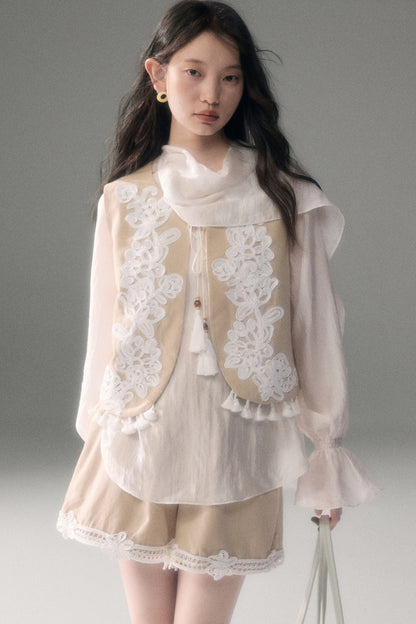 Three-Dimensional Rope Embroidery Floral Tencel Vest and Shorts Set-Up