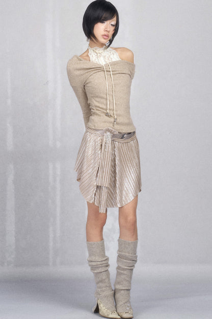 Pleated Metallic Asymmetrical Rhinestone Belted Skirt
