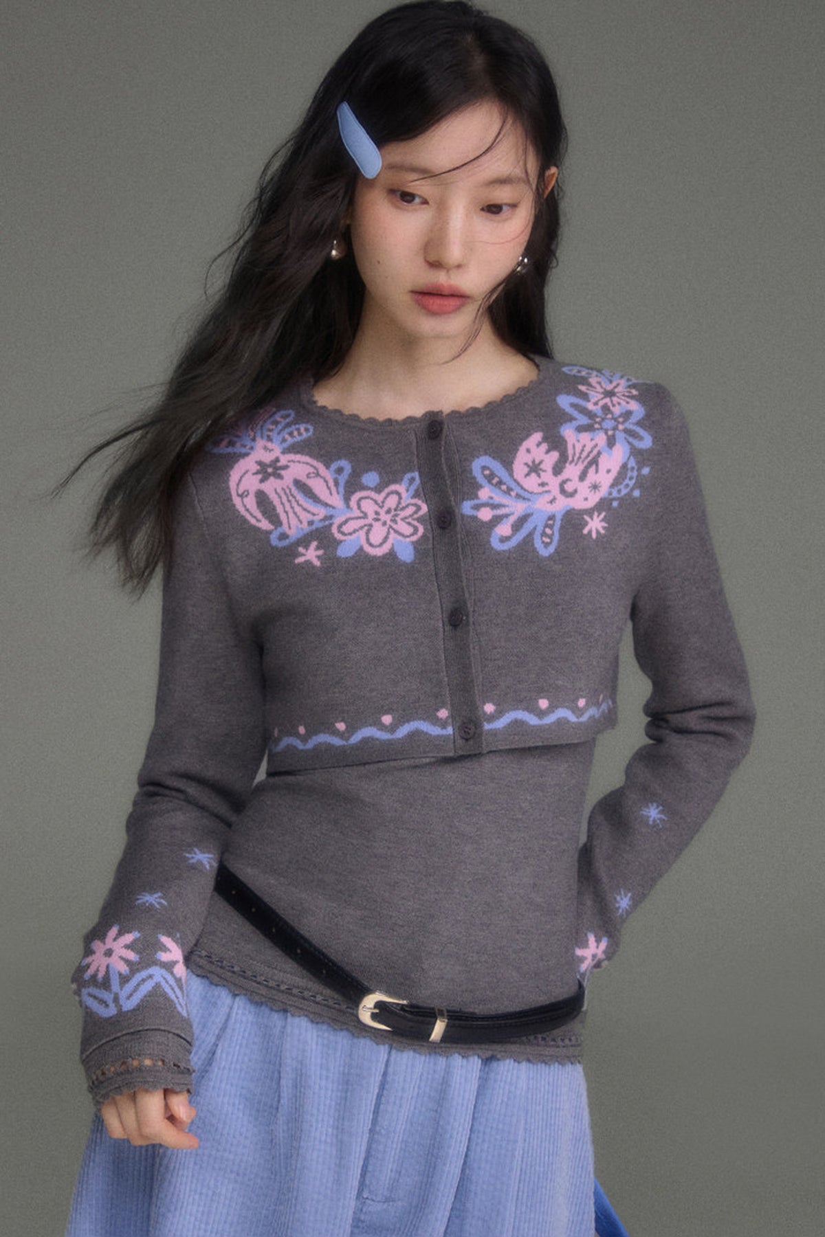 Hawthorn And Birds Jacquard Knit Cardigan And Top Set