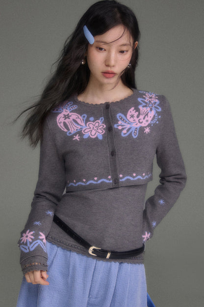Hawthorn And Birds Jacquard Knit Cardigan And Top Set