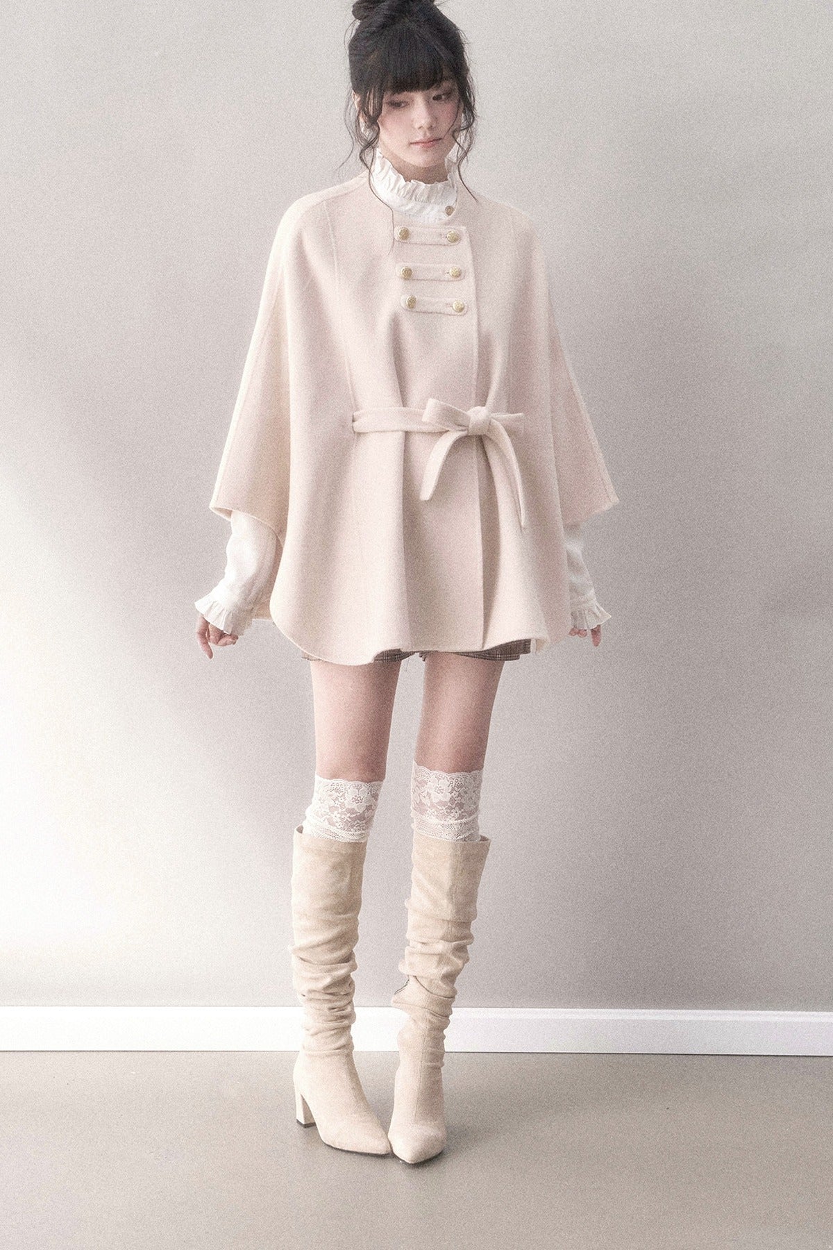 Double-Sided Wool Metal Button Cape Coat Set