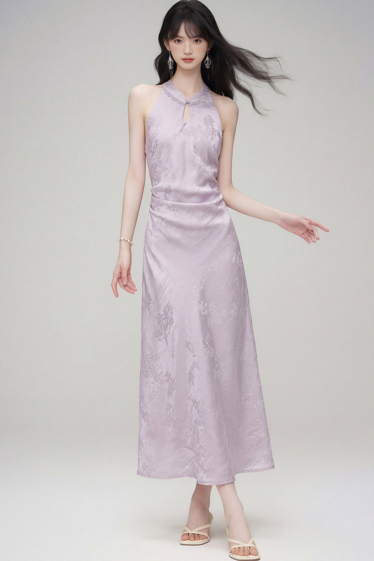 Halter-Neck Jacquard Cheongsam Dress