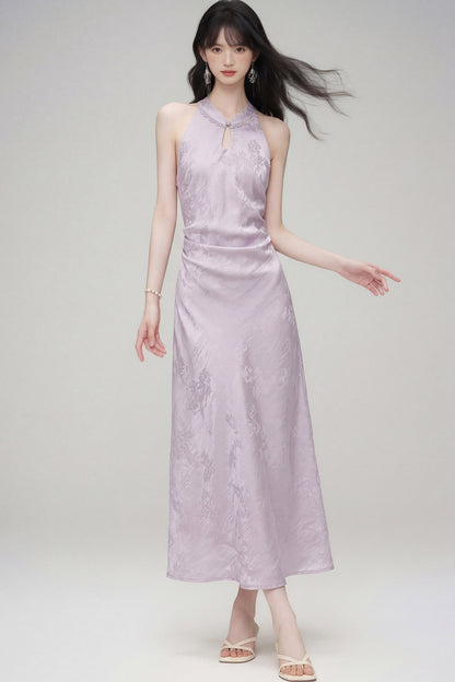 Halter-Neck Jacquard Cheongsam Dress