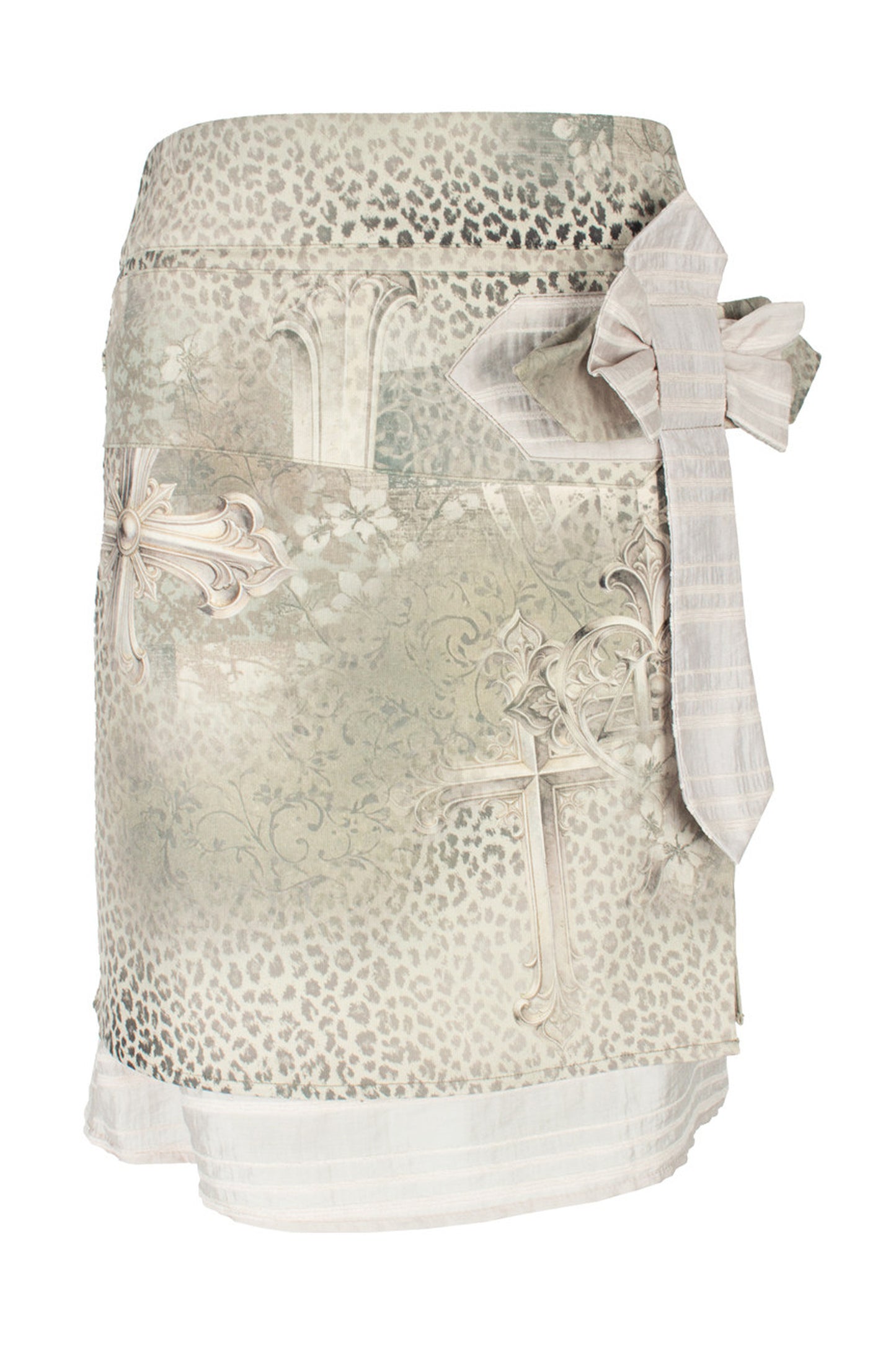 Cross Leopard Print Bow Double-Layer Midi Skirt