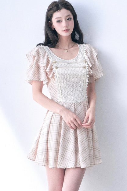 Knitted Patchwork Plaid Flutter-Sleeve Dress