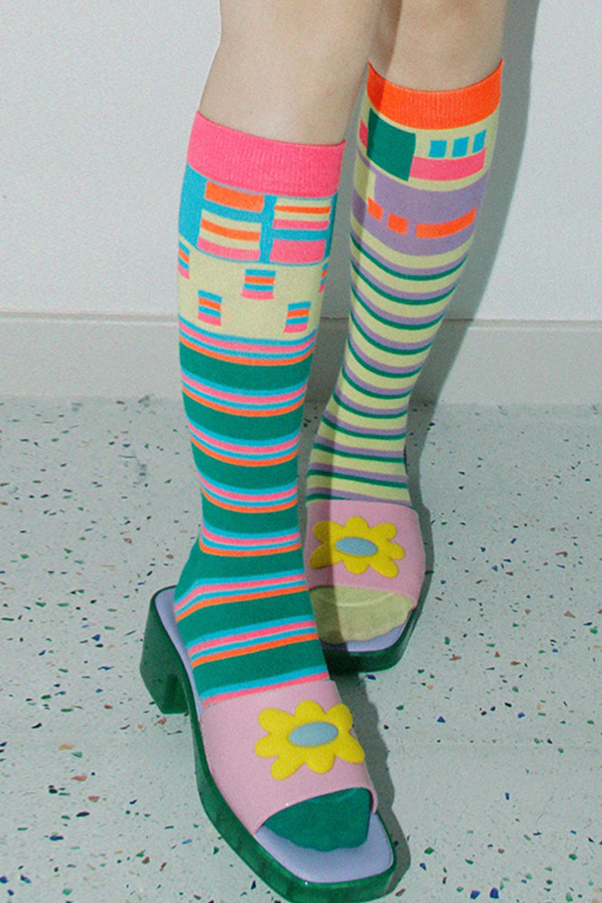 Asymmetrical Striped Cotton Calf Socks