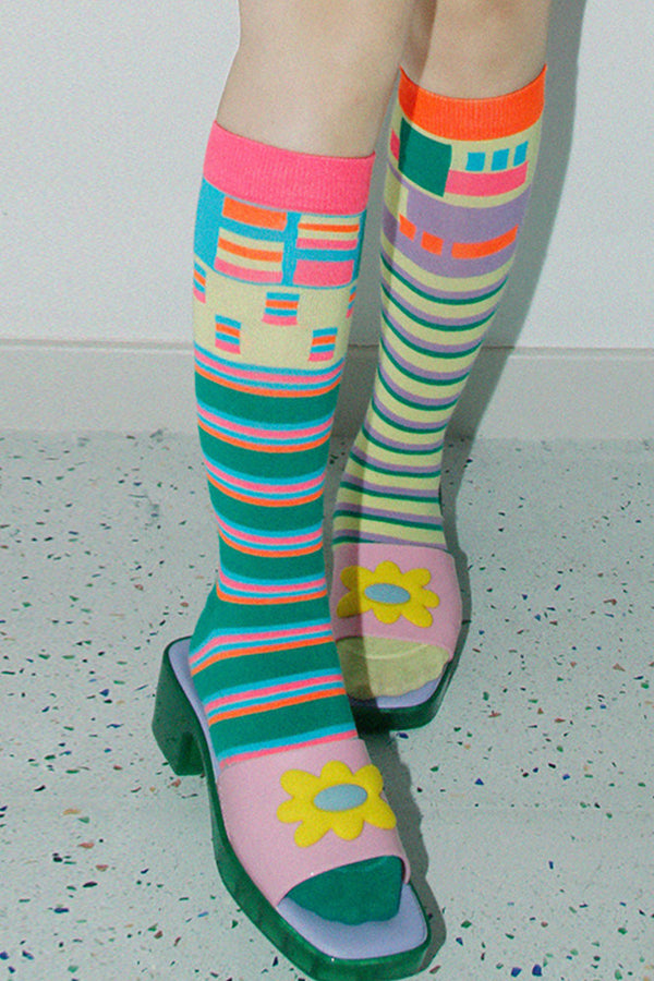Asymmetrical Striped Cotton Calf Socks