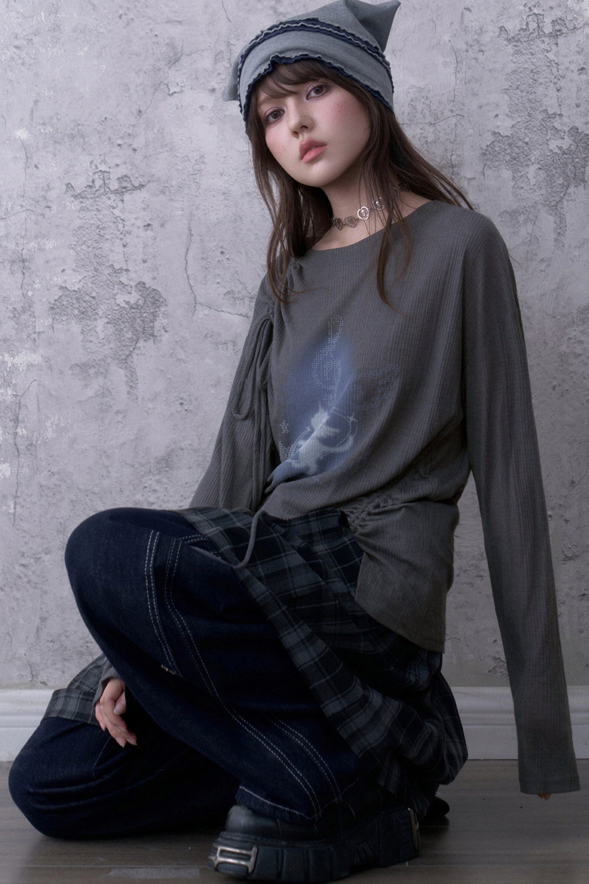 Gray Unicorn Drawstring Irregular T-shirt