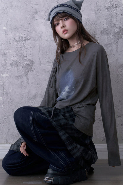 Gray Unicorn Drawstring Irregular T-shirt