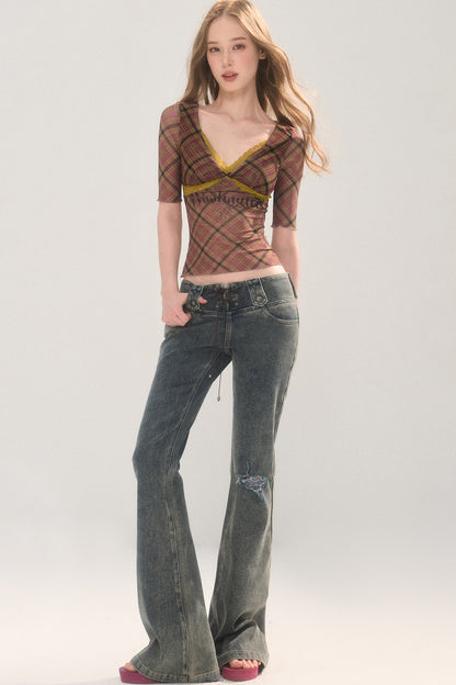 Plaid Mesh Chest Pad Top
