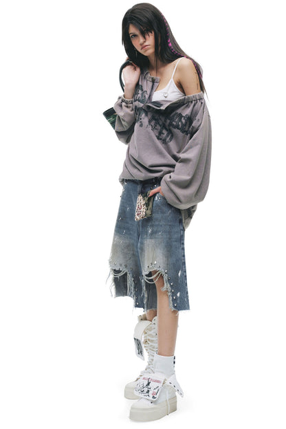 Cracked Graffiti Off-Shoulder T-Shirt