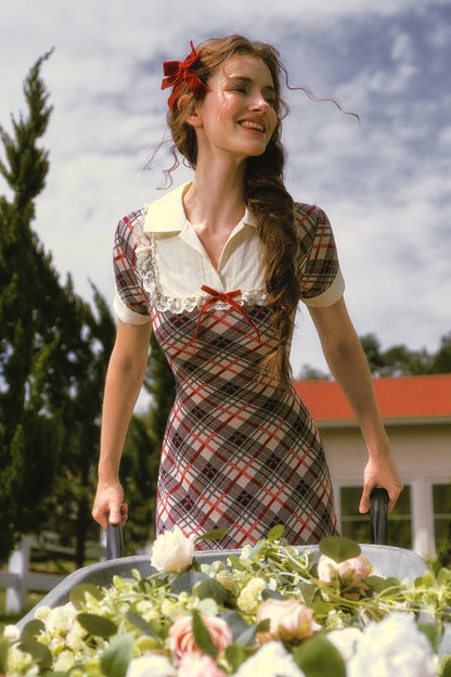 Plaid Contrast Lapel Dress