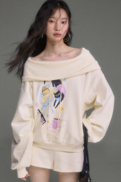 Cat Print Hooded Off-Shoulder Sweatshirt Shorts Set-Up