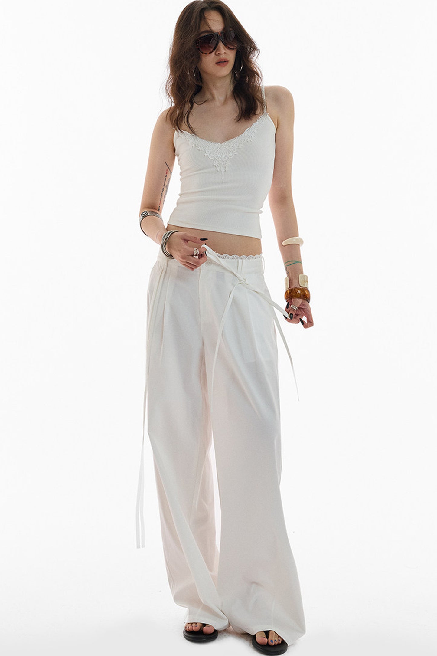 Lace Trim Pima Cotton Wide Leg Pants
