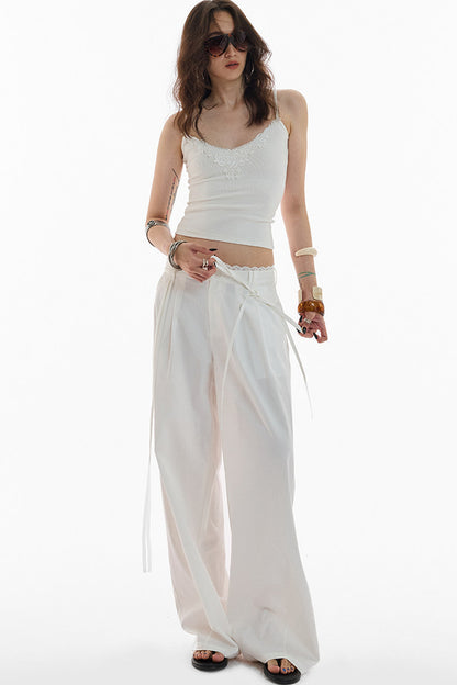 Lace Trim Pima Cotton Wide Leg Pants