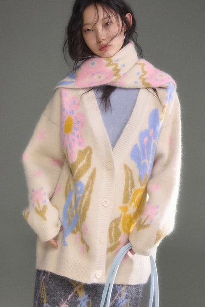 Ear-Flap Bird Tulip Jacquard Wool Cardigan