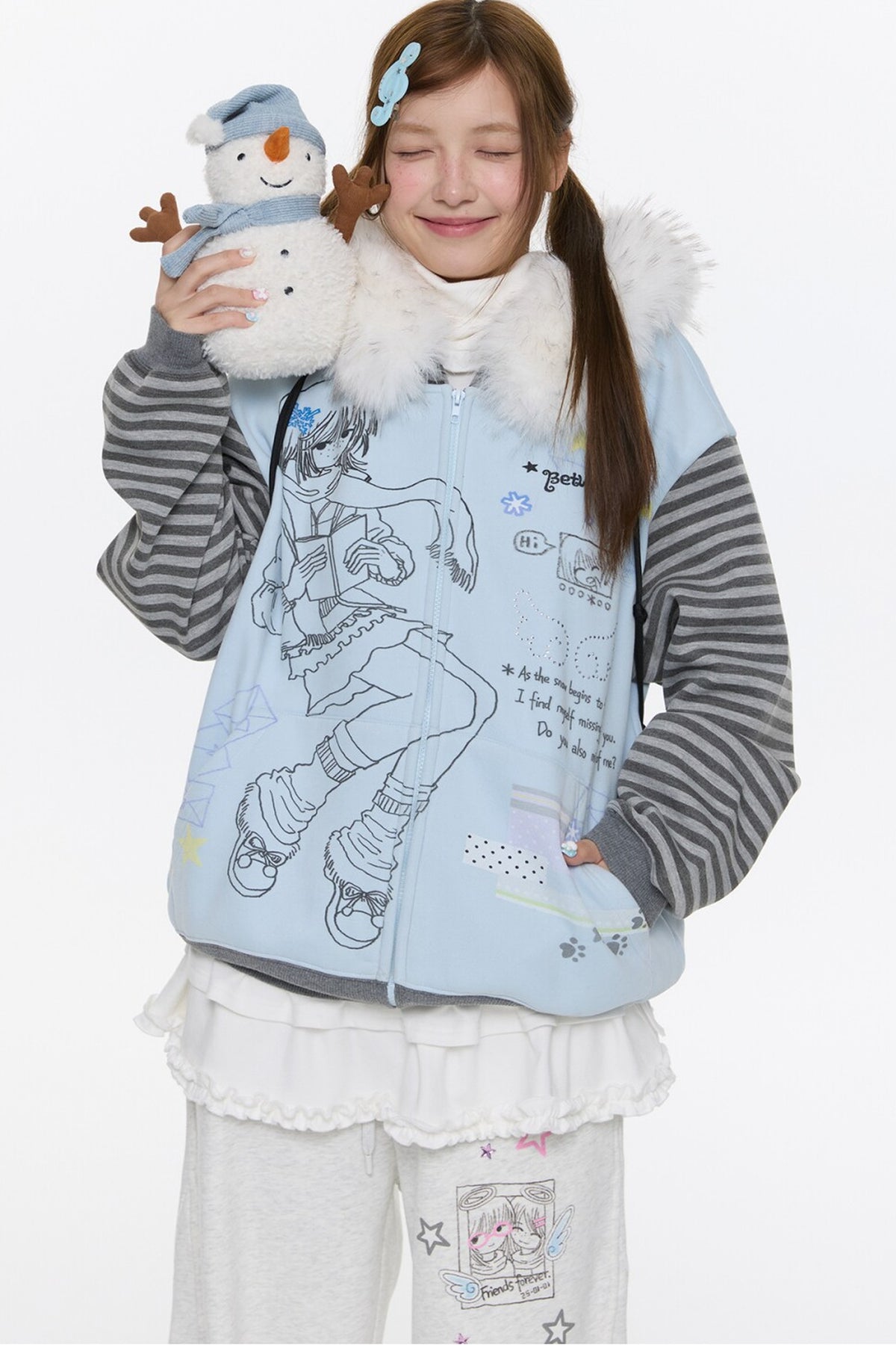 Striped Raglan Fur Collar Jacket