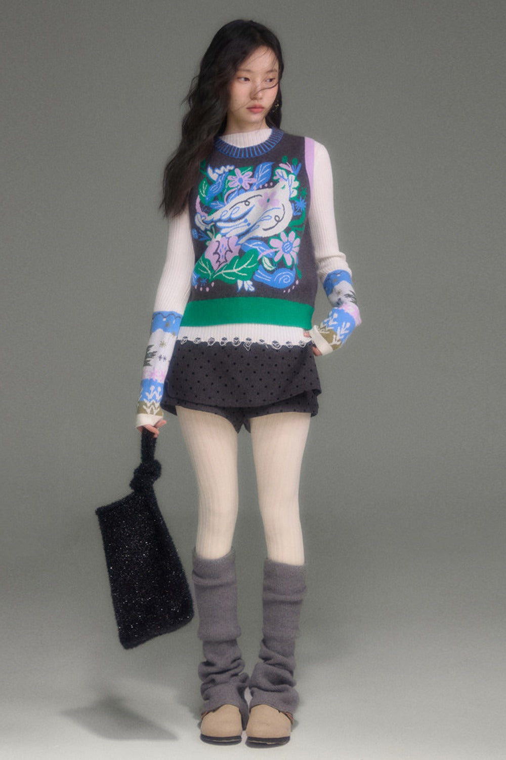 Wool Blend Bird Jacquard Knit Top