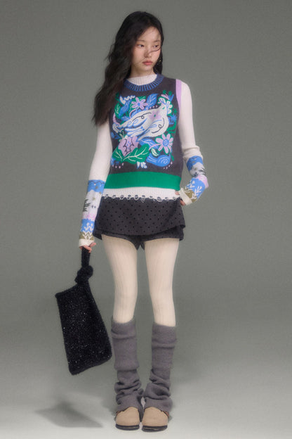 Wool Blend Bird Jacquard Knit Top