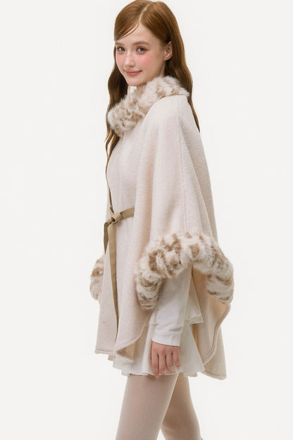 Leopard Print Fur Spliced Wool Cape