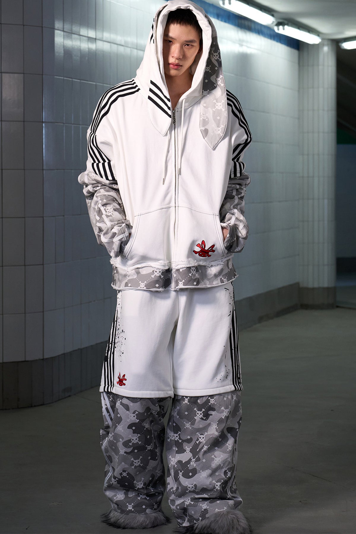 Skull Print Layered Bunny Ear Jacket