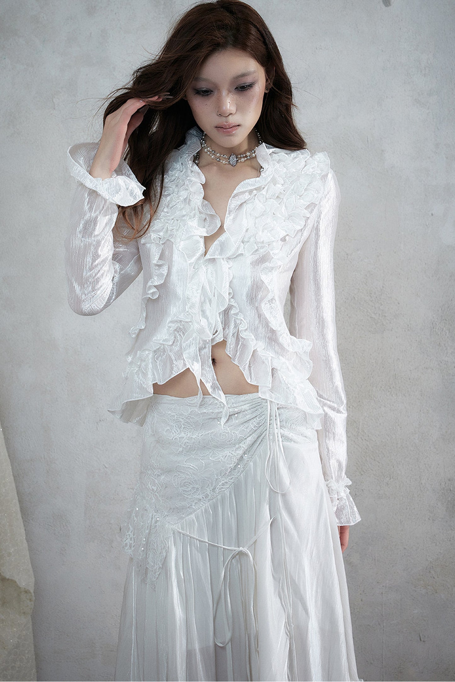 Ruffle Trim Tie Waist Long-Sleeved Blouse