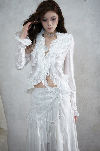 Ruffle Trim Tie Waist Long-Sleeved Blouse