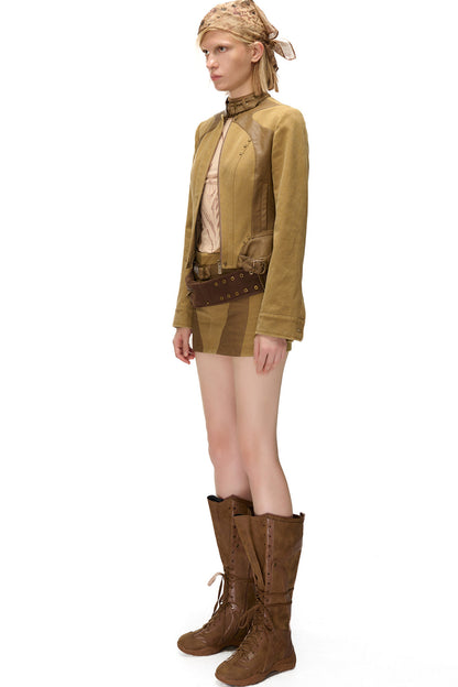 Storm Rider Washed Khaki PU Patchwork Jacket