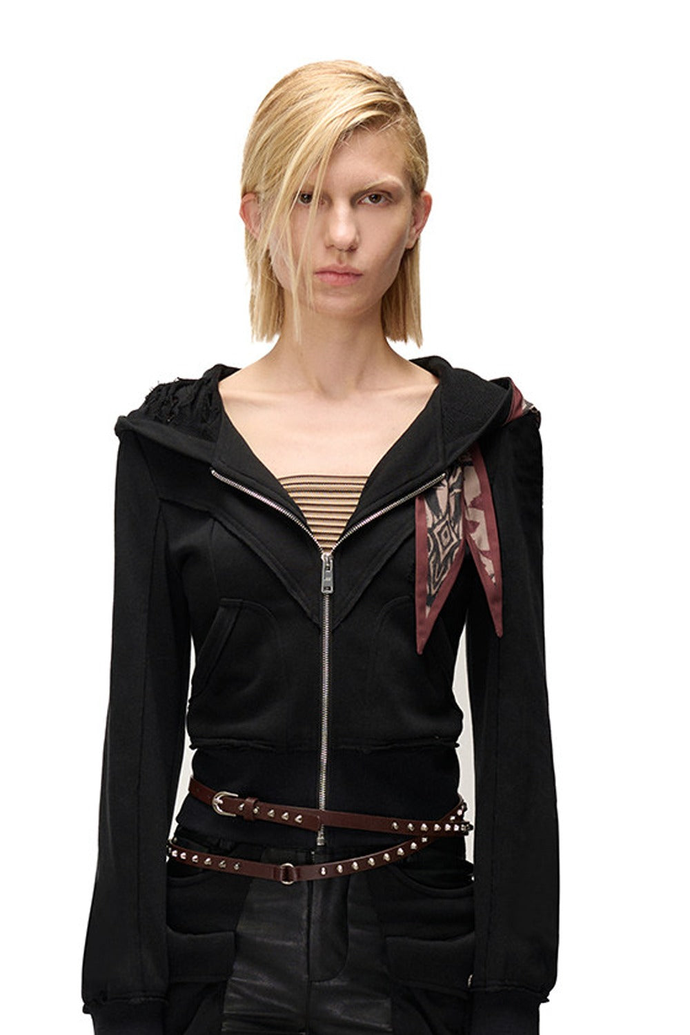 Lagenlook-Schal-Patchwork-Kapuzenjacke im Used-Look aus Sweatshirtstoff
