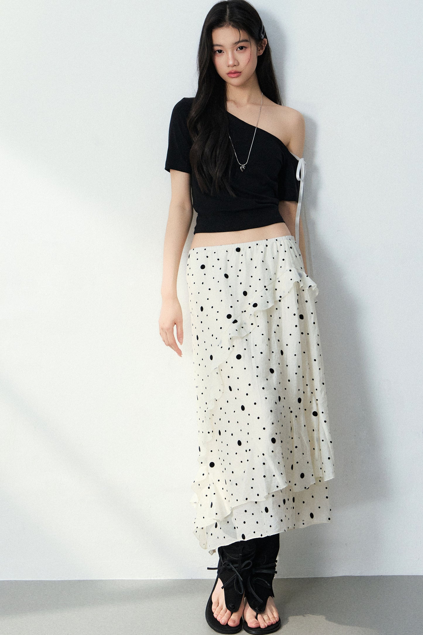 Flocked Polka Dot Ruffled A-Line Skirt and Top Set-Up