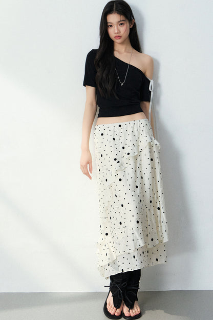 Flocked Polka Dot Ruffled A-Line Skirt and Top Set-Up