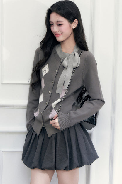 Gray Argyle Bow Tie Sweater and Skirt Set-Up