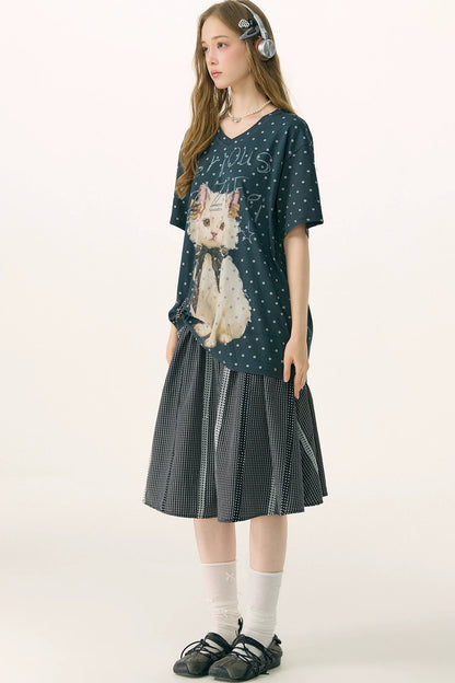 Polka Dot Cat V-Neck Blouse