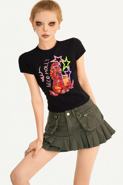 Cartoon Print Black Crop Top