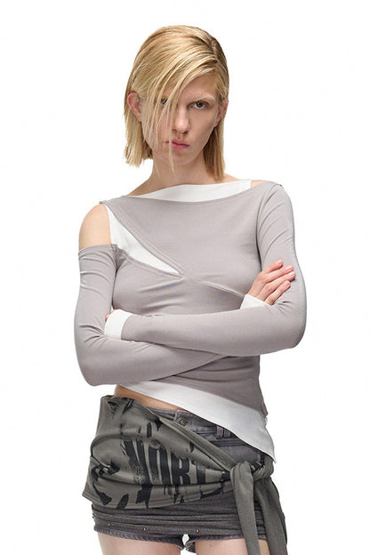 Layered-Look Patchwork Hollow Long-Sleeve T-shirt