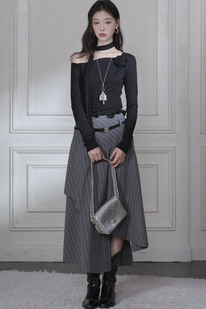 Off-Shoulder Wavy Edge Knit Top and Skirt Set