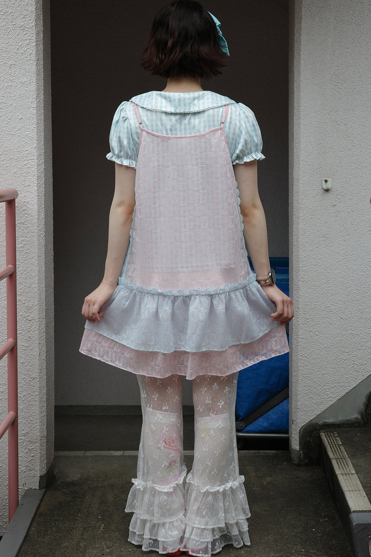 Pink Blue Patchwork Rhinestone Mesh Cami Dress