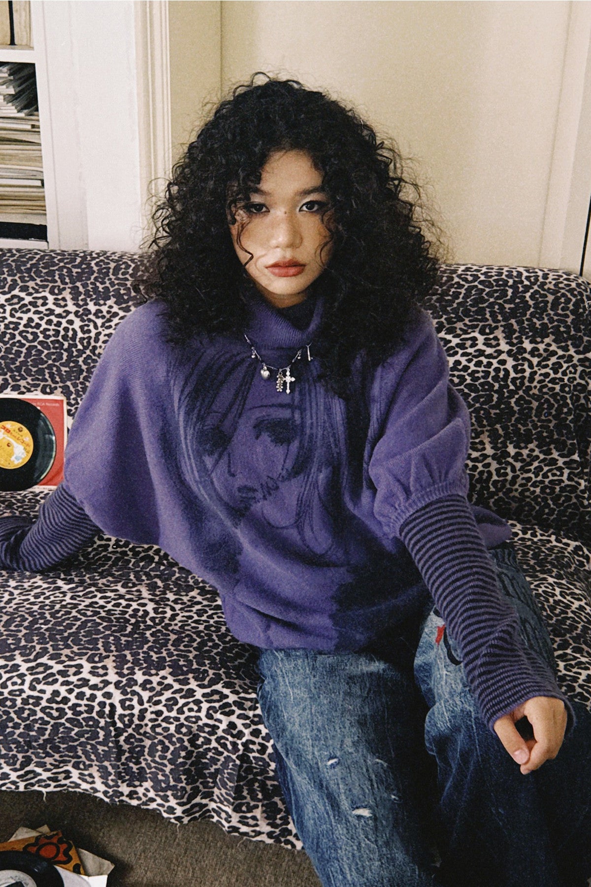Gray Purple Nana Print Batwing Sweater