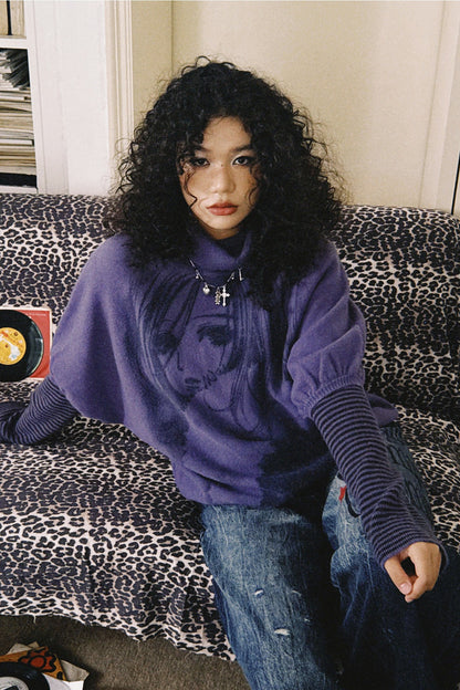 Gray Purple Nana Print Batwing Sweater